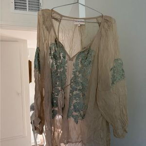 Elegant Beige and Green Embroidered Women's Top